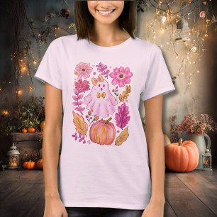 Pastell Rosa Halloween-spöke med blommor och pumpa T Shirt