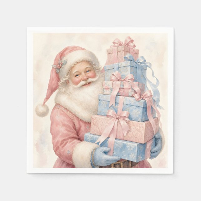 Pastell Rosa Jul Tomte med presenter  Pappersservett (Framsidan)