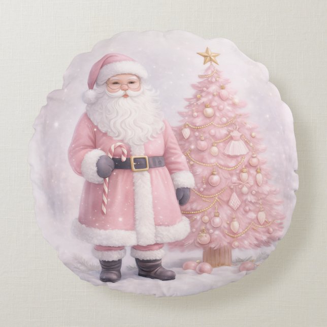 Pastell Rosa Jul Tomte Rund Kudde (Framsidan)
