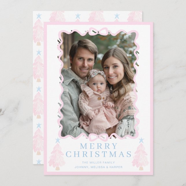 Pastell Rosa Jul Vattenfärg Julgran Julkort (Fram/baksida)