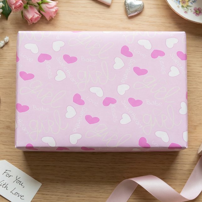 Pastell Rosa Kärlekshjärtan Presentpapper (Sweet pink candy hearts all over. Perfect for Valentine, birthdays, or baby showers. Girly and fun.)