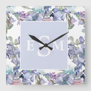 Pastell Rosa Lila Dammtor Blå Blommig Monogram Fyrkantig Klocka