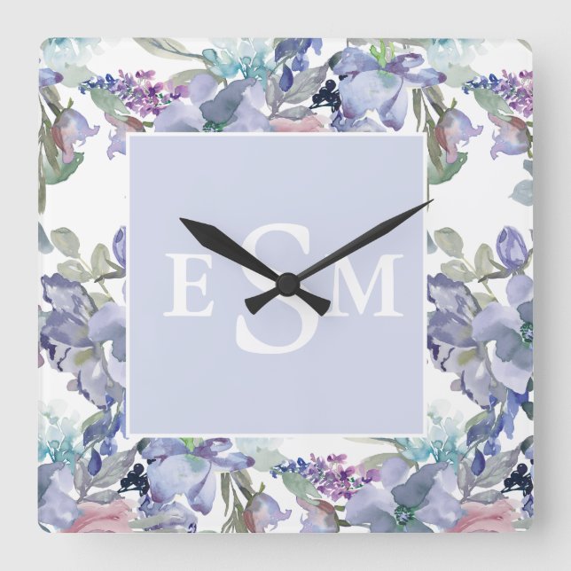 Pastell Rosa Lila Dammtor Blå Blommig Monogram  Fyrkantig Klocka (Framsida)