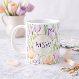Pastell Rosa Lila Tulpaner Vårblommig Monogram Kaffemugg