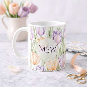 Pastell Rosa Lila Tulpaner Vårblommig Monogram Kaffemugg