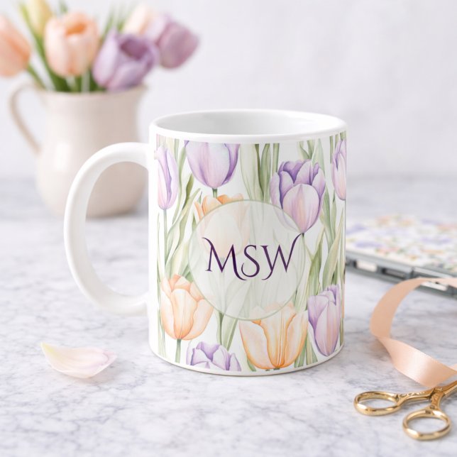 Pastell Rosa Lila Tulpaner Vårblommig Monogram Kaffemugg (Skapare uppladdad)