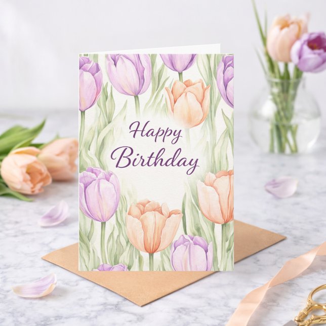 Pastell Rosa Lila Tulpaner Vårblommor Födelsedag Kort (Skapare uppladdad)