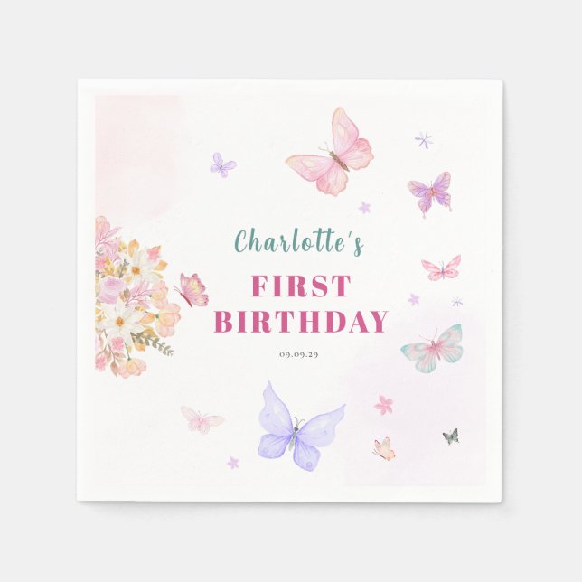 Pastell rosa liten fjäril födelsedag  pappersservett (Framsidan)