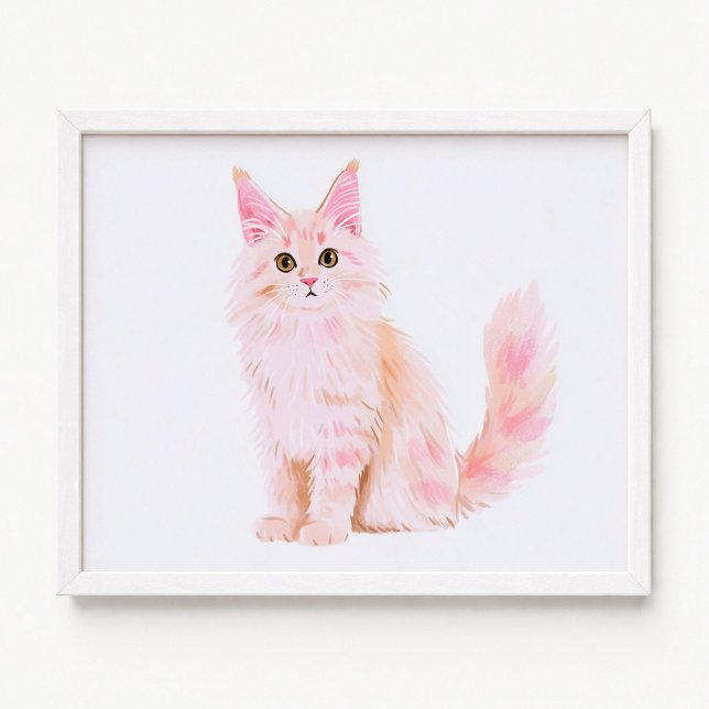 Pastell Rosa Maine Coon Katt Målning Poster (Pastel Pink Maine Coon Cat Painting Poster)