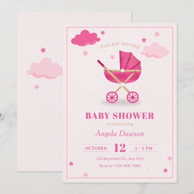 Pastell rosa mjuk barnvagn baby shower  inbjudningar (Fram/baksida)