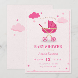Pastell rosa mjuk barnvagn baby shower inbjudningar
