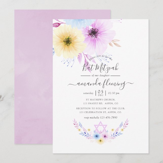 Pastell Rosa och Blå Blommig Bat Mitzvah Inbjudningar (Fram/baksida)