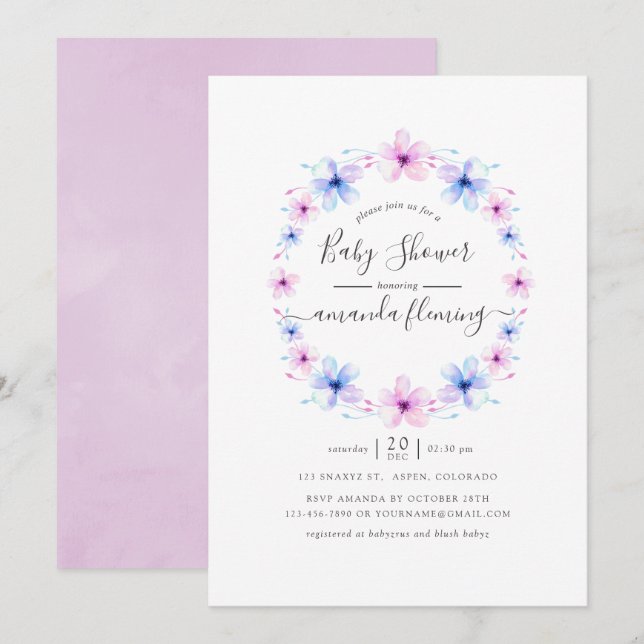 Pastell Rosa och Blå Blommig Bebis Shower Inbjudningar (Fram/baksida)