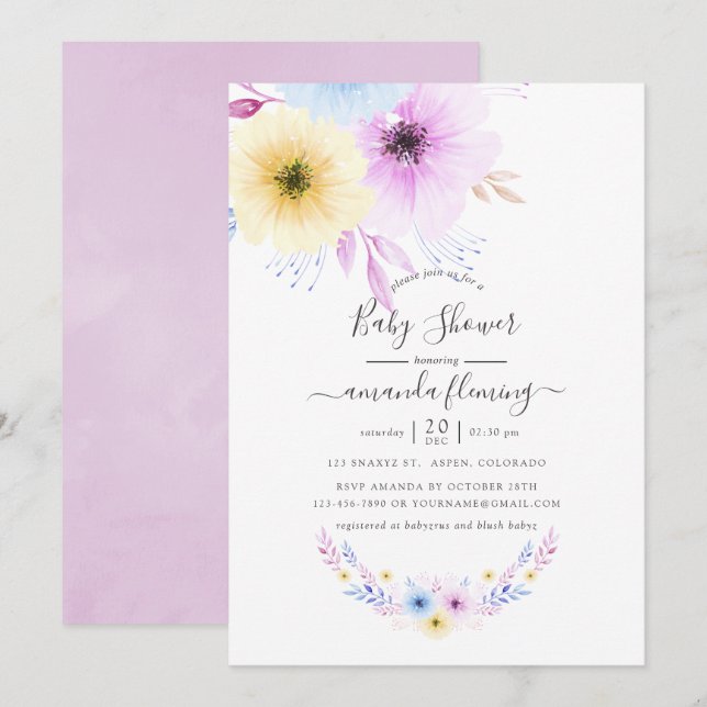 Pastell Rosa och Blå Blommig Bebis Shower Inbjudningar (Fram/baksida)