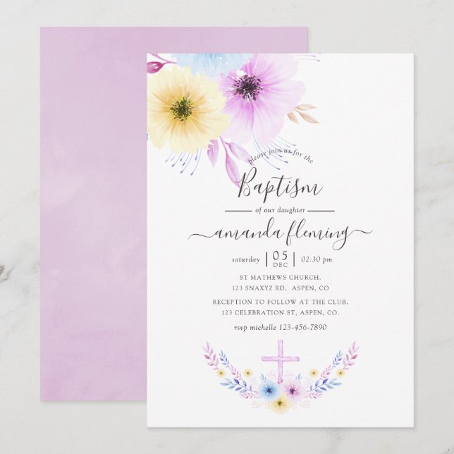 Pastell Rosa och Blå Blommig Dopceremoni Inbjudningar (Fram/baksida)