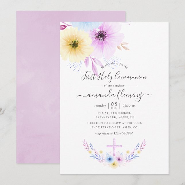 Pastell rosa och blå blommig första kommunion inbjudningar (Fram/baksida)