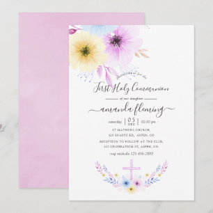 Pastell rosa och blå blommig första kommunion inbjudningar