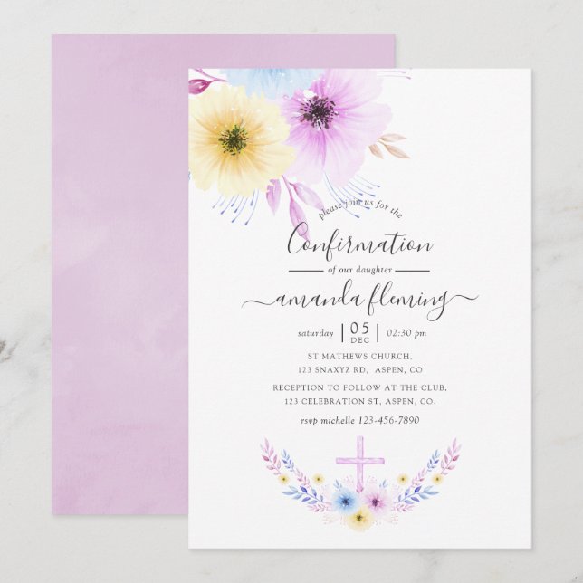 Pastell Rosa och Blå Blommig Konfirmation Inbjudningar (Fram/baksida)