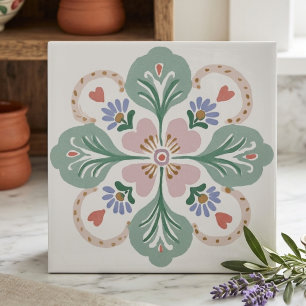 Pastell rosa och grön folklig blomkonst keramisk k kakelplatta