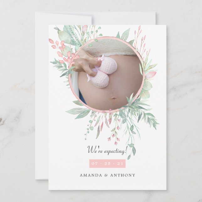Pastell Rosa och Grönska Foto Graviditet Meddelande (Framsida)