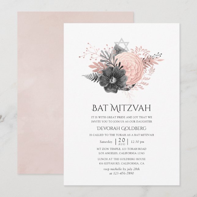 Pastell Rosa och Kolgrå Blommig Bat Mitzvah Inbjudningar (Fram/baksida)