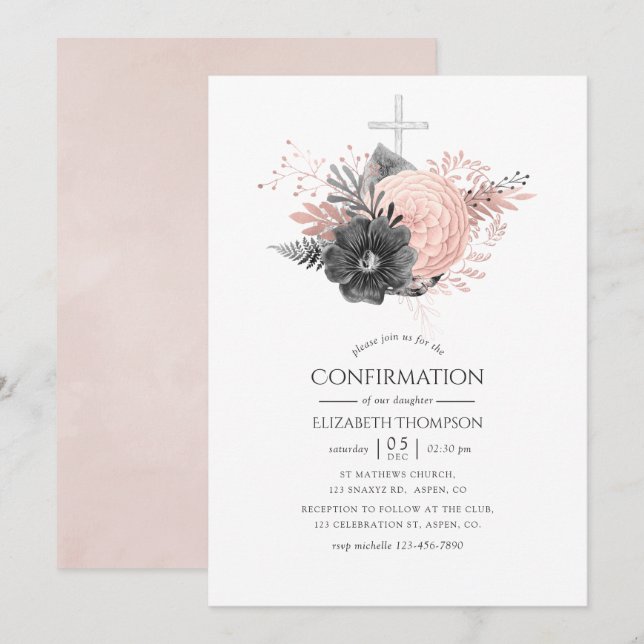 Pastell Rosa och Kolgrå Blommig Bekräftelse Inbjudningar (Fram/baksida)