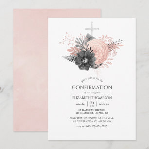 Pastell Rosa och Kolgrå Blommig Bekräftelse Inbjudningar