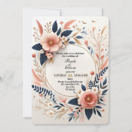 Pastell Rosa och Marinblå Blommig Bröllopsinbjudan Inbjudningar