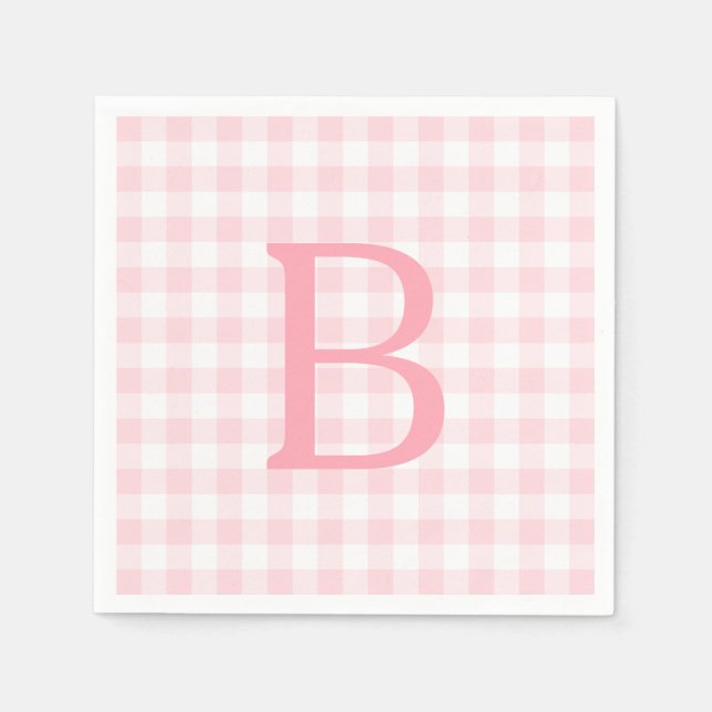 Pastell Rosa och Vit Gingham Monogram Pappersservett (Framsidan)