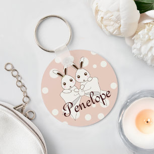 Pastell Rosa Off-White Band Söt Tvilling Kanin Nyckelring