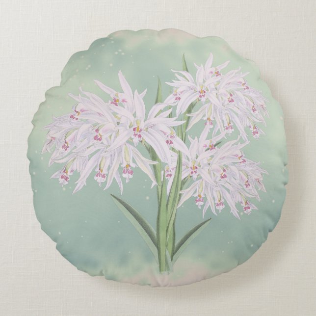 Pastell Rosa Orkidéer på Grön Blomma  Rund Kudde (Framsidan)