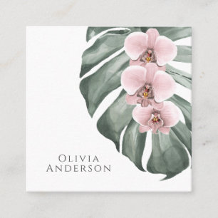 Pastell Rosa Orkidéer på Monstera Tropisk Botanisk Fyrkantigt Visitkort