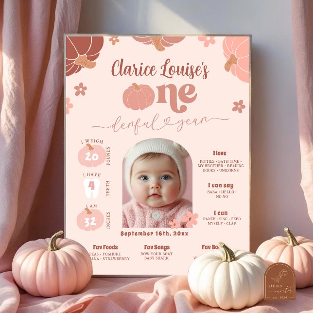 Pastell Rosa Pumpa 1-års Födelsedags Foto Milstolp Poster (Skapare uppladdad)