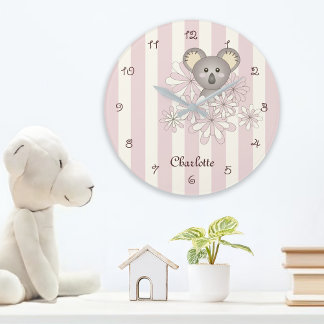 Pastell Rosa Randig Söt Koala Barnkammare / Barnru Stor Klocka