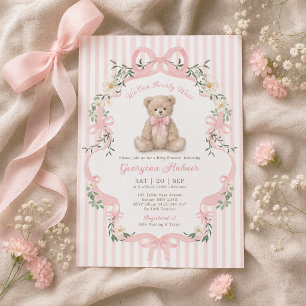 Pastell Rosa Randig Teddybjörn Flicka Bebis Shower Inbjudningar