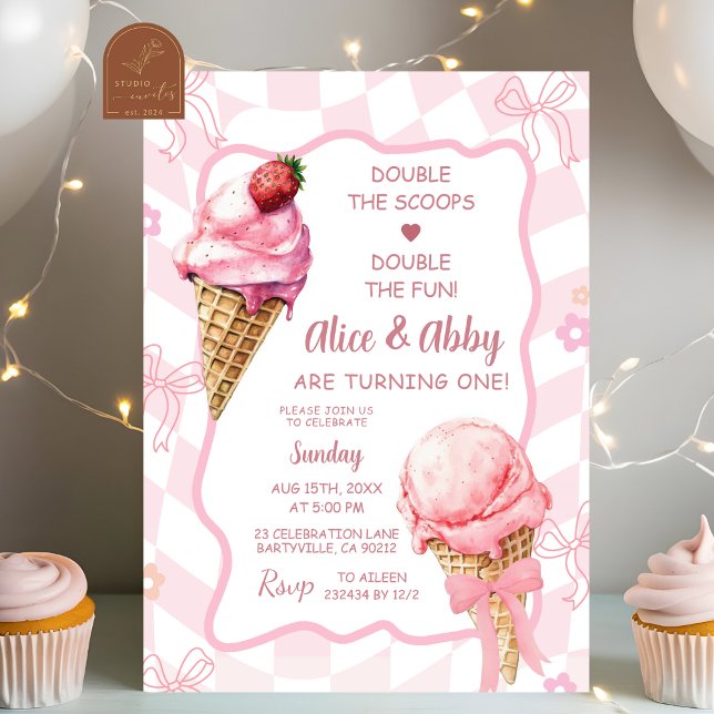 Pastell rosa Retro Twins Glass Birthday Inbjudningar (Skapare uppladdad)