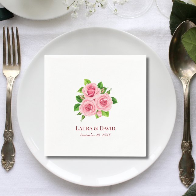 Pastell Rosa Rodnad Ros Blommig Botanisk Bröllop Pappersservett (Pastel pink blush rose floral napkins add soft romantic charm to wedding tables.)