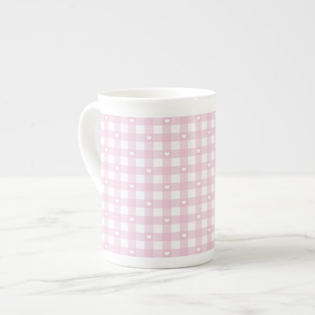 Pastell Rosa Rutor Benporslin Mugg (Framsida vänster)
