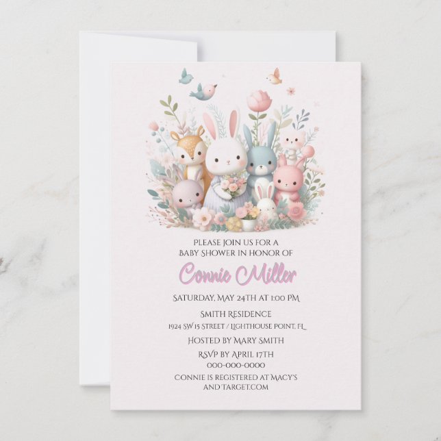 Pastell Rosa Skogs Djur Baby Shower Inbjudningar (Framsida)