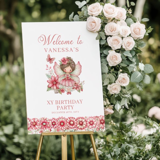 Pastell Rosa Söt Alv Första Födelsedagen Välkomsts Poster (Pastel Pink Cute Fairy 1st Birthday Welcome Sign)