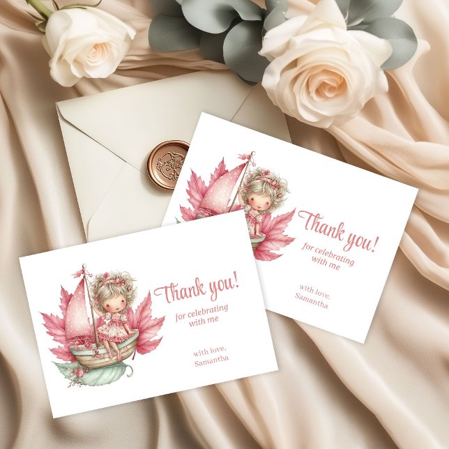 Pastell Rosa Söt Alva 5-års Födelsedagsfest Tack Kort (Pastel Blush Cute Fairy 5th Birthday Party Thank You Card)