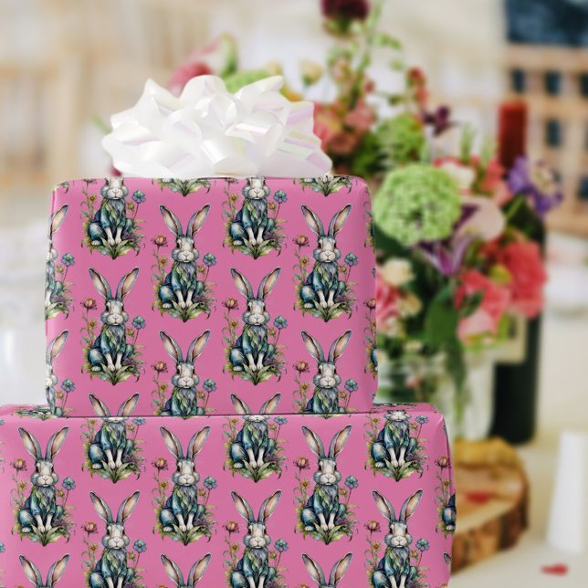 Pastell Rosa Söt Vattenfärgskanin Blommig Påsk Presentpapper (Skapare uppladdad)