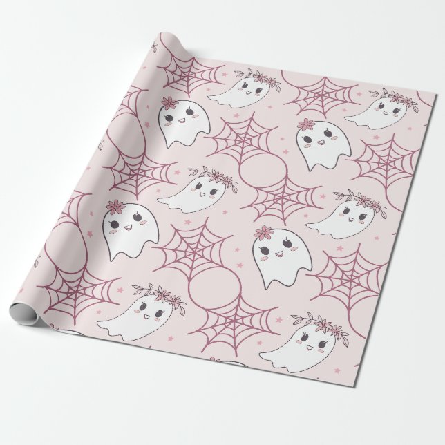 Pastell Rosa Spök Halloween Kawaii Mönster Presentpapper (Utrullad)