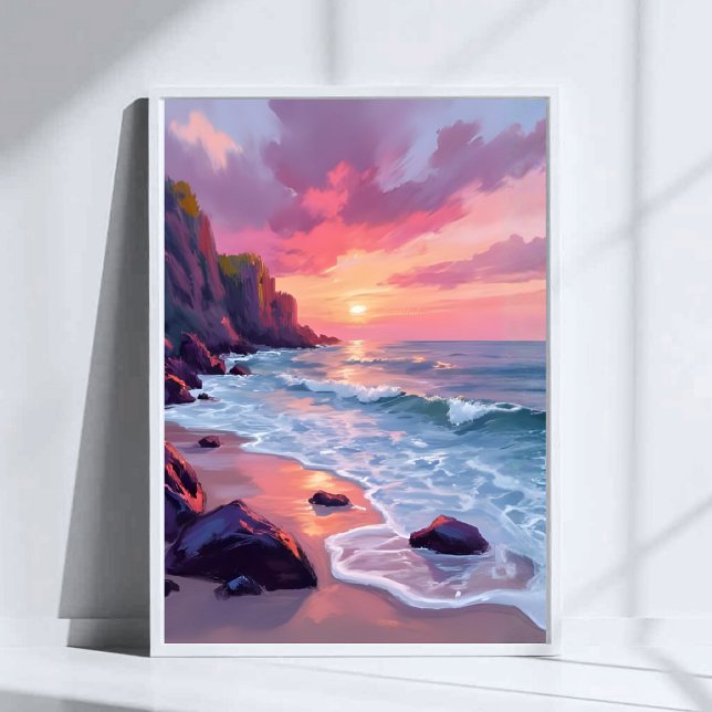 Pastell Rosa Strand Solnedgång Havsvågor Akvarell Poster (Skapare uppladdad)