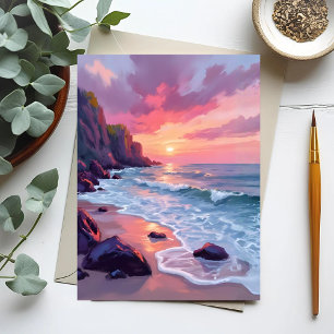 Pastell Rosa Strand Solnedgång Havsvågor Akvarell Vykort