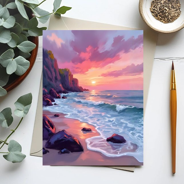 Pastell Rosa Strand Solnedgång Havsvågor Akvarell Vykort (Skapare uppladdad)