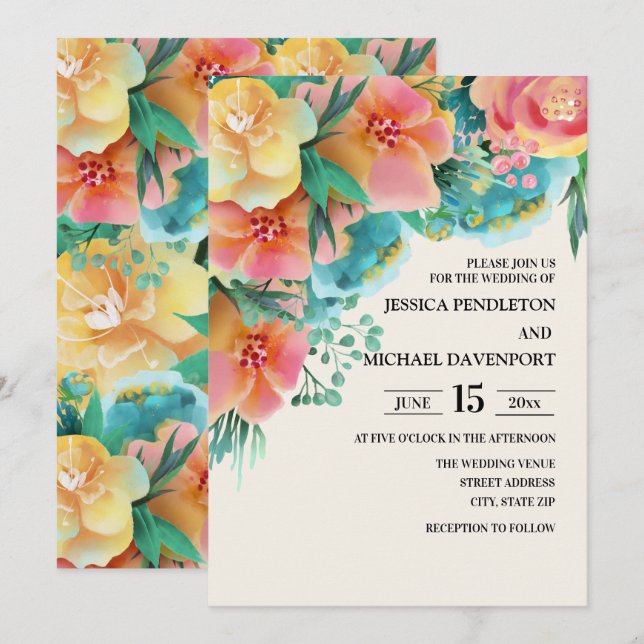 Pastell Rosa Teal Gul Blommig Bröllopsinbjudan Inbjudningar (Fram/baksida)