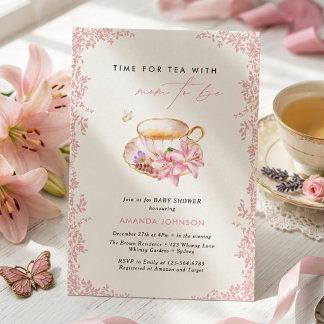 Pastell Rosa Teatime Blivande mamma baby shower Inbjudningar