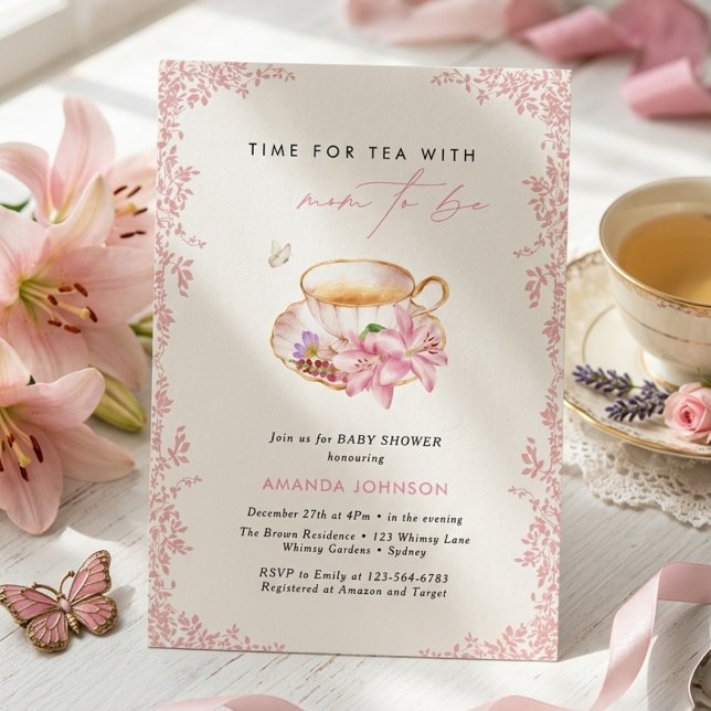 Pastell Rosa Teatime Blivande mamma baby shower Inbjudningar (Skapare uppladdad)