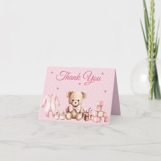 Pastell Rosa Teddybjörn Bebis Kalas Tacksamhetskor Anteckningskort (Framsida)